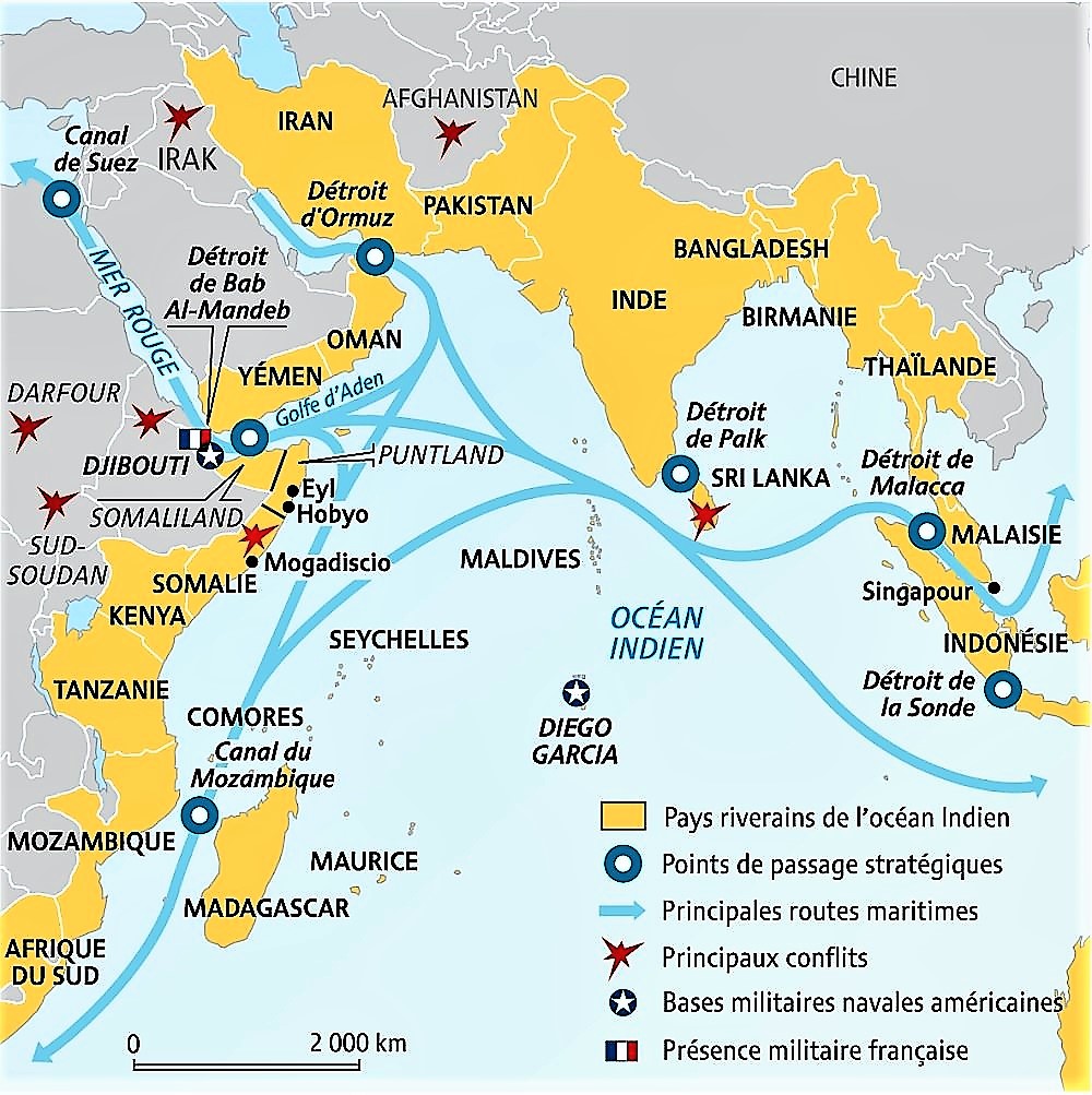 Ocean indien routes maritimes conflis bases militaires moyen orient